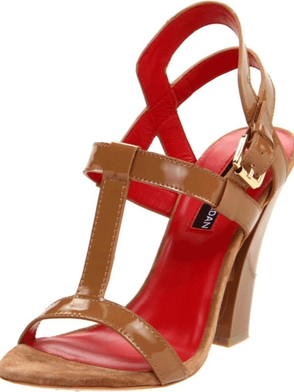 Charles Jourdan Leah Mocha T-Strap Sandal Gold Buckle Open-Toe Tapered Heel